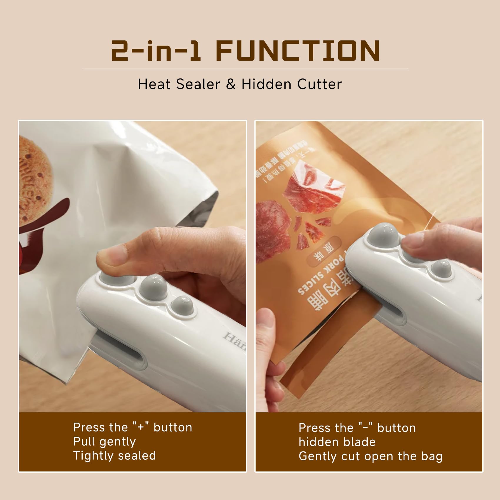 Hän Babos 2-in-1 sealer and cutter for easy bag use.