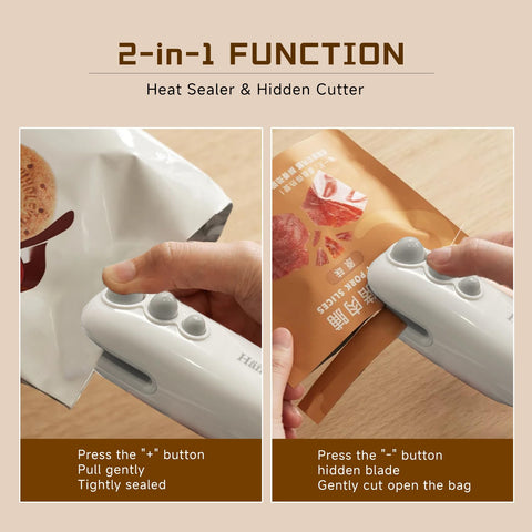 Hän Babos 2-in-1 sealer and cutter for easy bag use.
