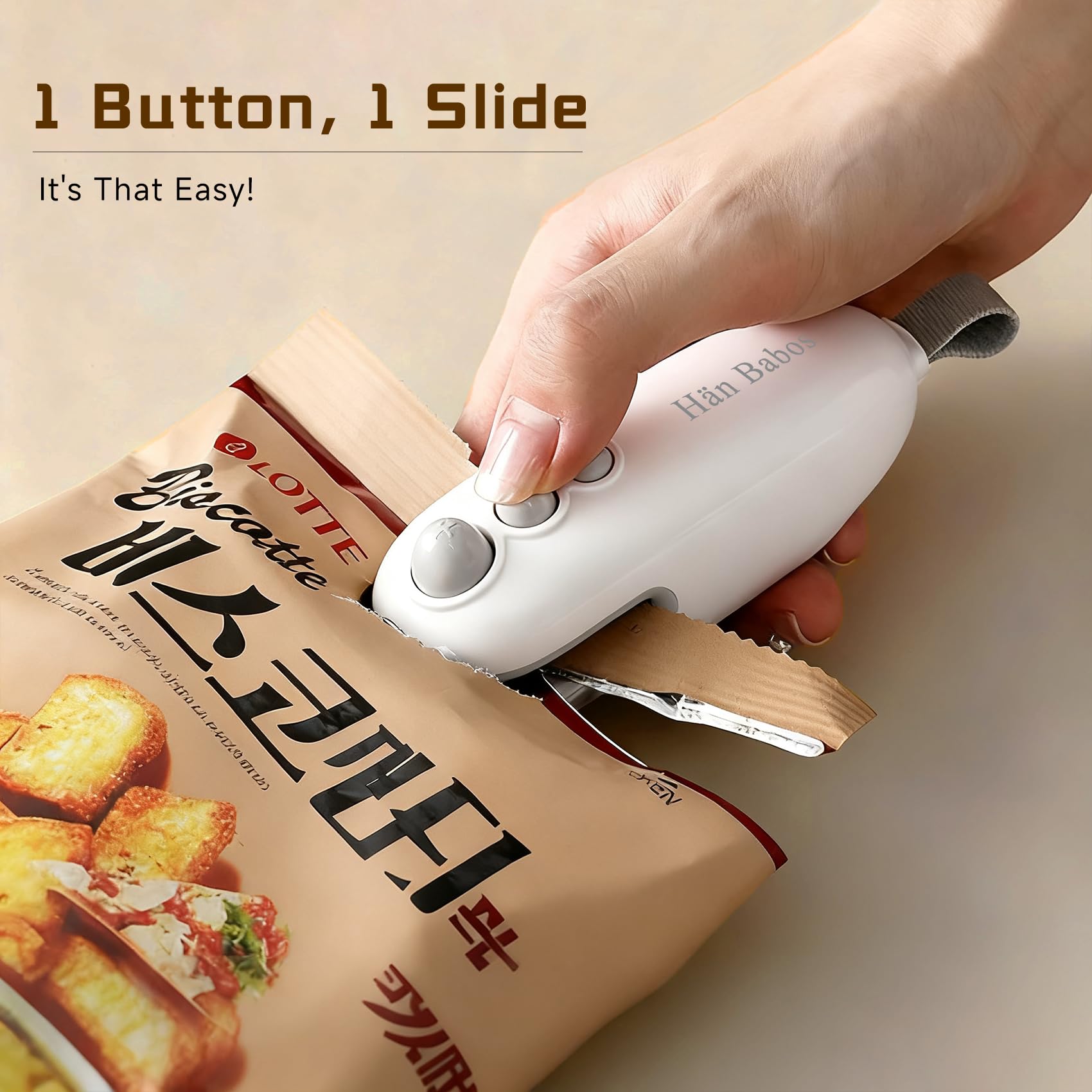 Hän Babos USB-C rechargeable sealer with sustainable power.