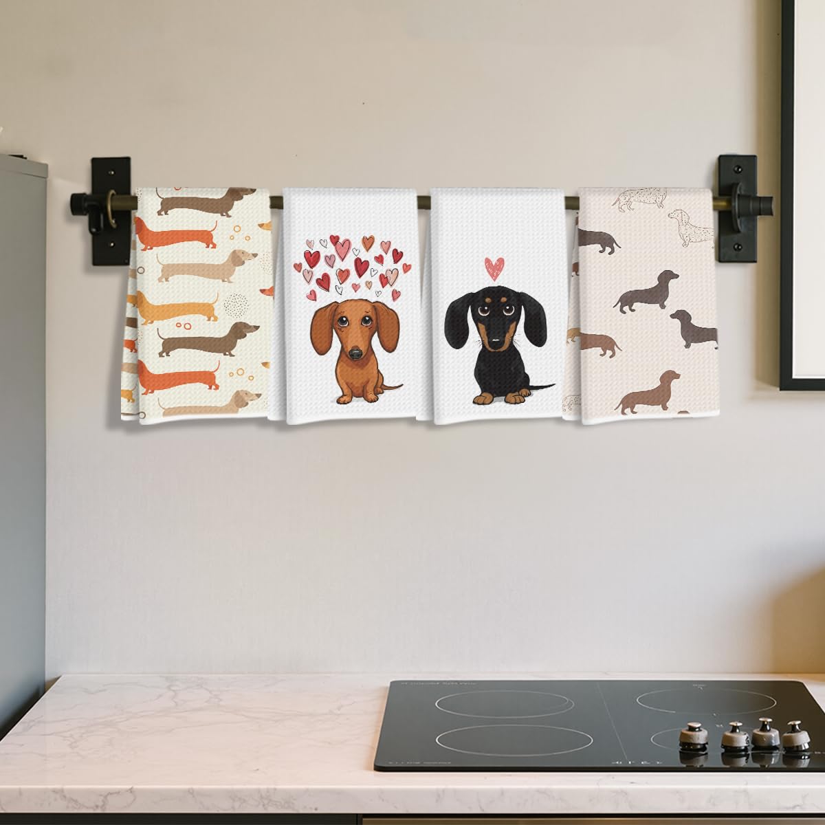 Hanamiya Na dachshund towel hanging on oven handle for cheerful decor