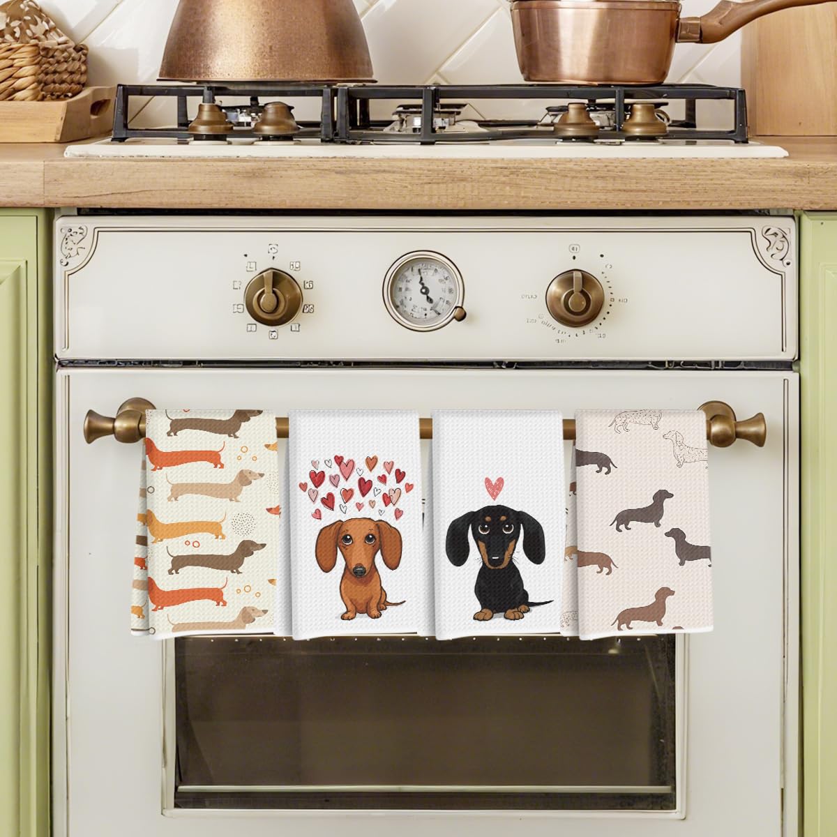 Hanamiya Na dachshund towels with decorative pattern in a modern kitchen