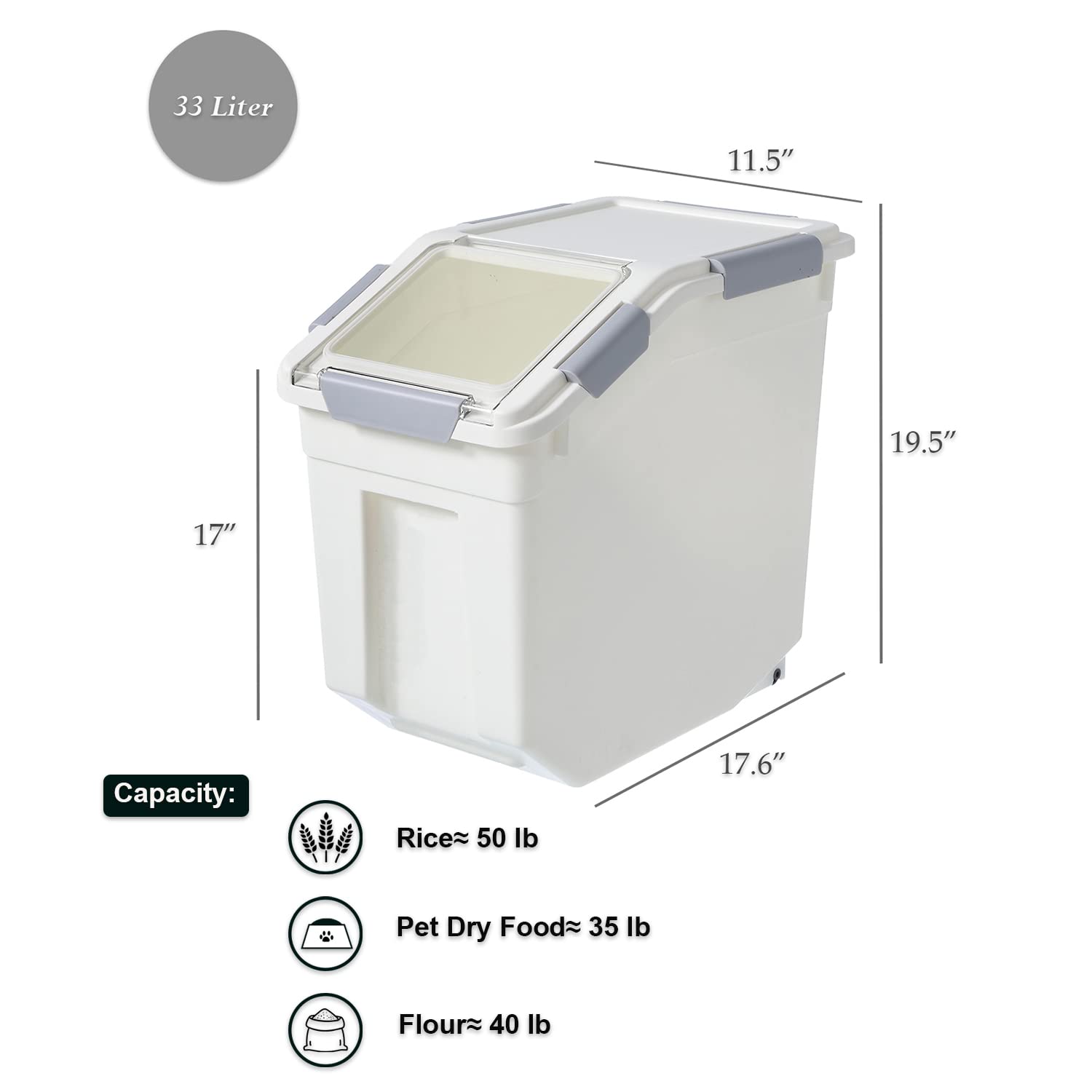 HANAMYA 33L capacity supports up to 50 lbs of rice for bulk storage.