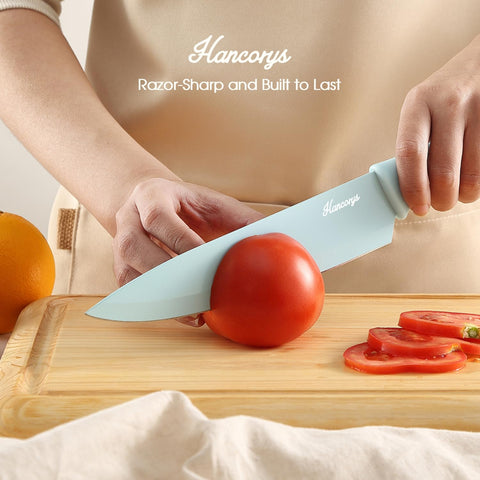Hancorys knife set with blade guards shown for safe storage.
