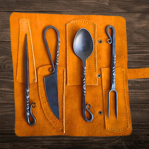 Hand Forged Medieval Cutlery Set leather pouch for easy transport on-the-go