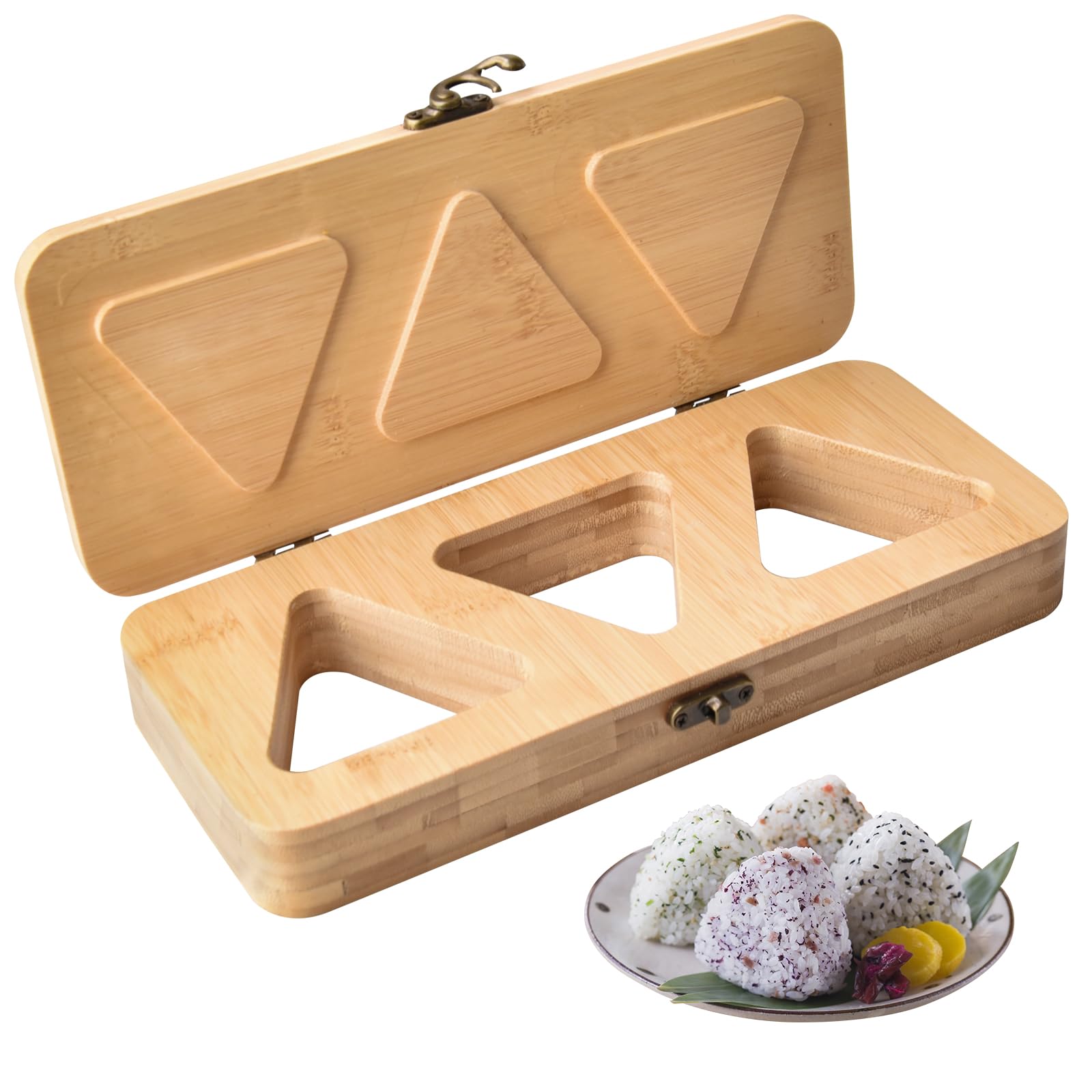 Handbanary bamboo onigiri mold with lid for easy homemade sushi.