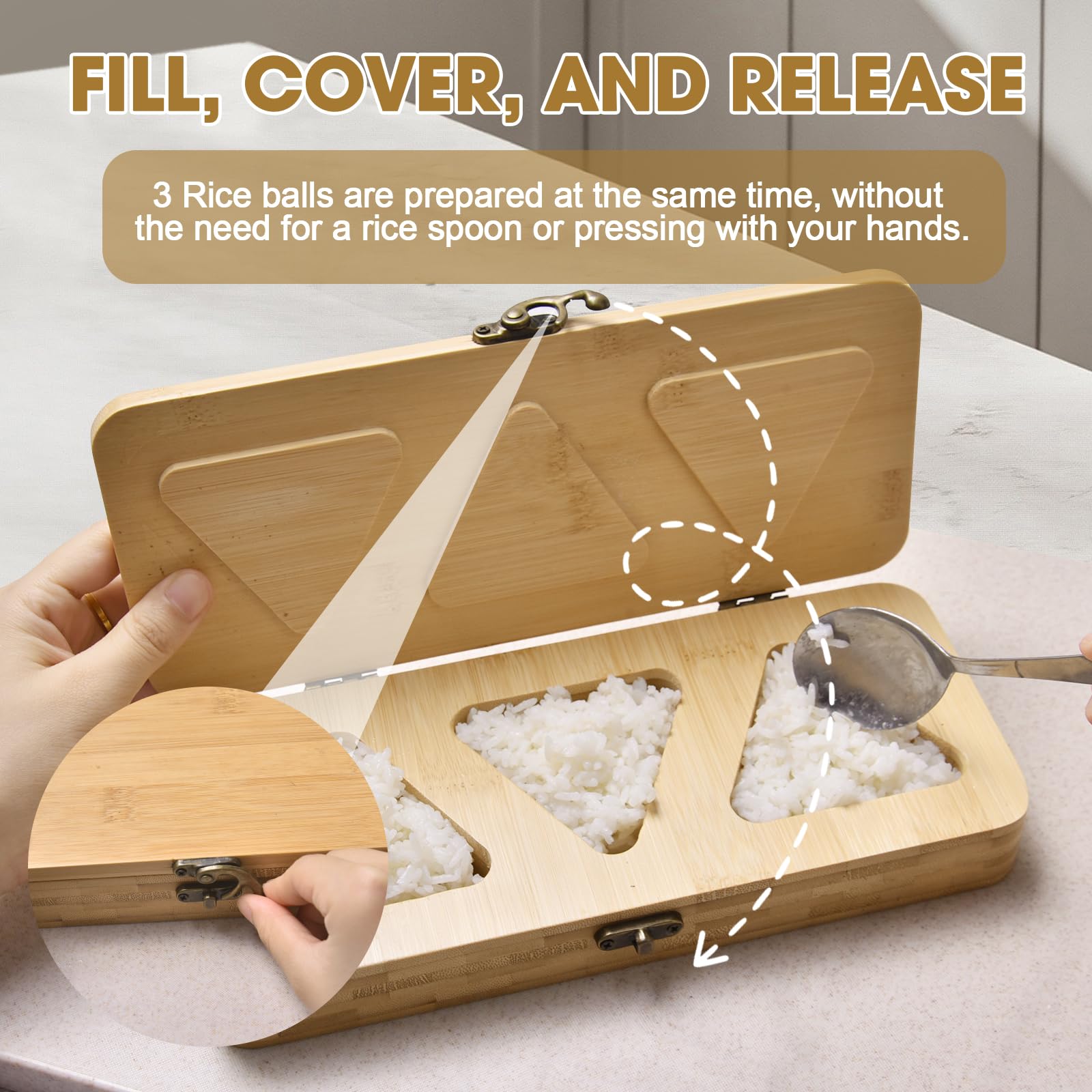 Handbanary mold with lid lock presses rice evenly.