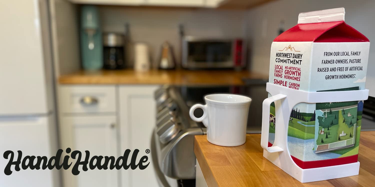 HandiHandle half gallon holder pouring action demonstrates stable pour