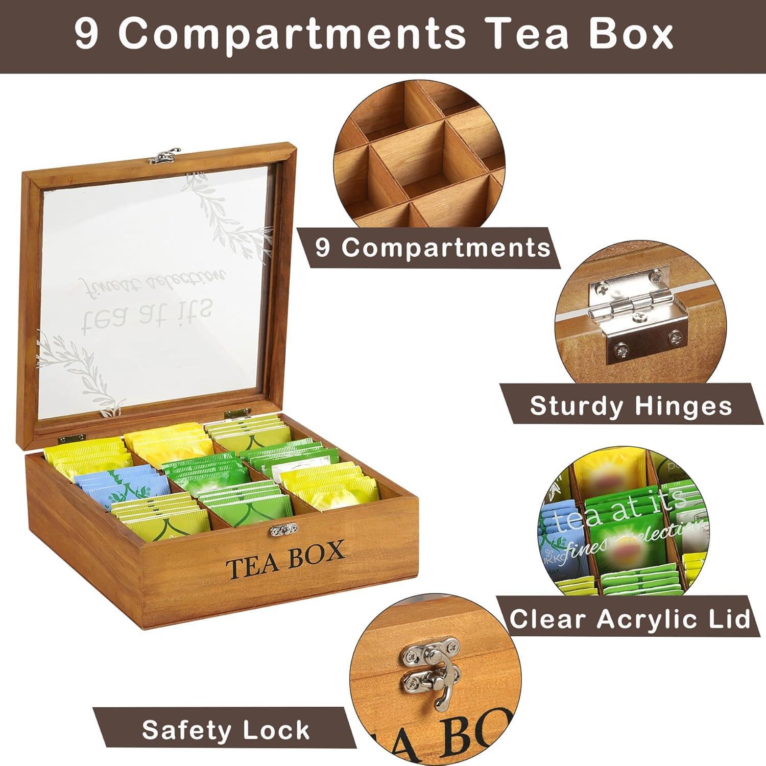 Rustic brown Handrong tea box design enhances kitchen shelf display.