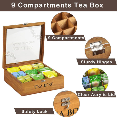 Rustic brown Handrong tea box design enhances kitchen shelf display.