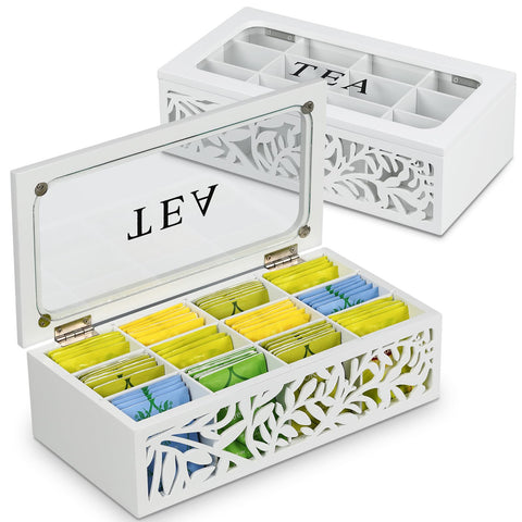Handrong tea box organizer with 12-compartment layout for easy tea bag storage.