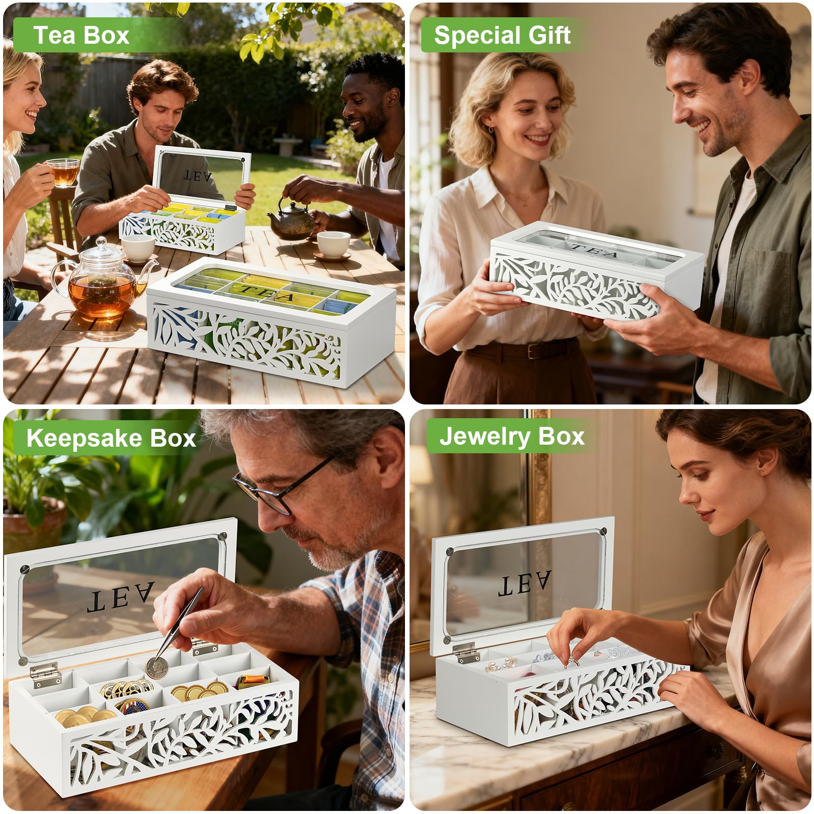 Handrong countertop display fits kitchens and pantries for quick tea access.