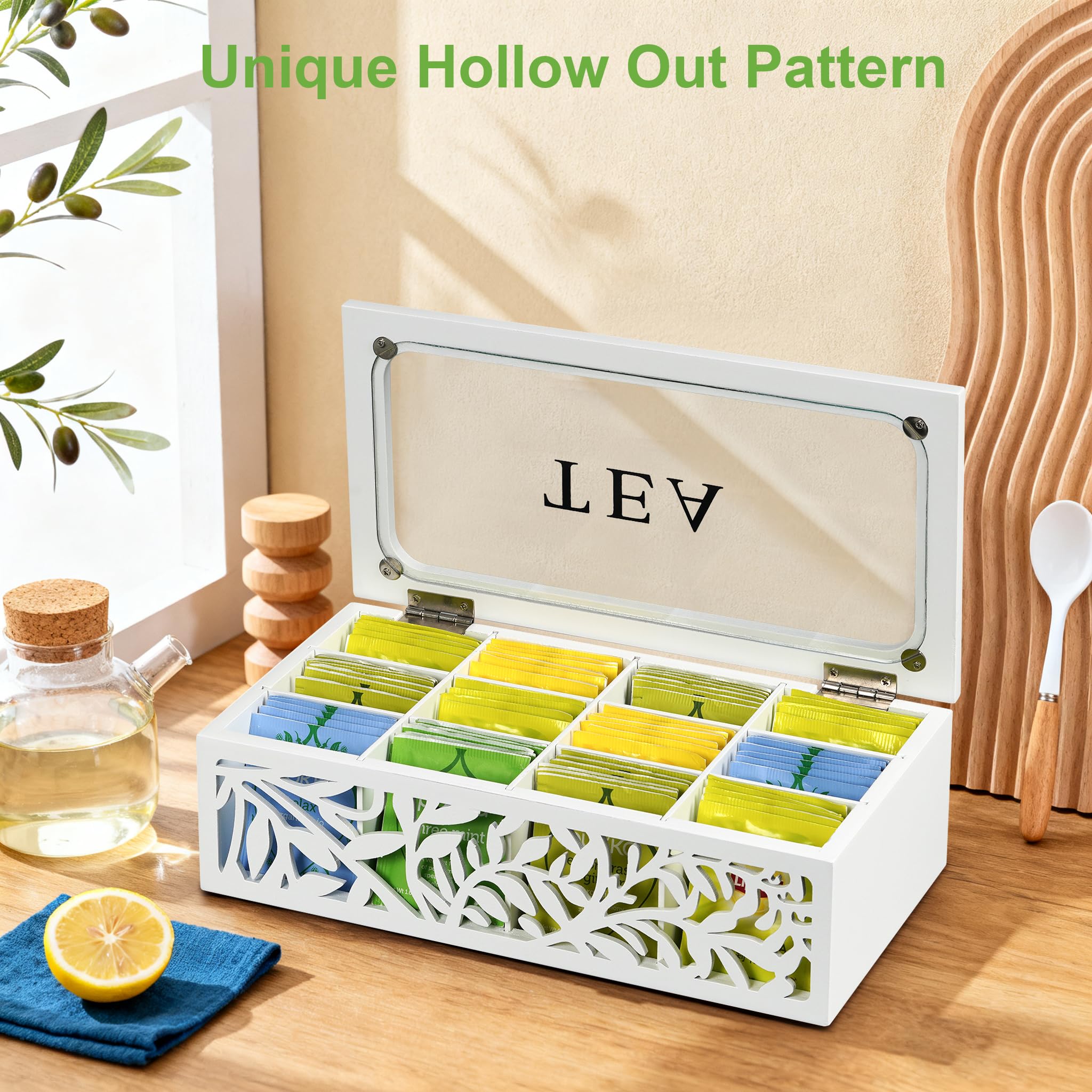 Handrong natural wood tea box with clear top keeps selections neatly visible.