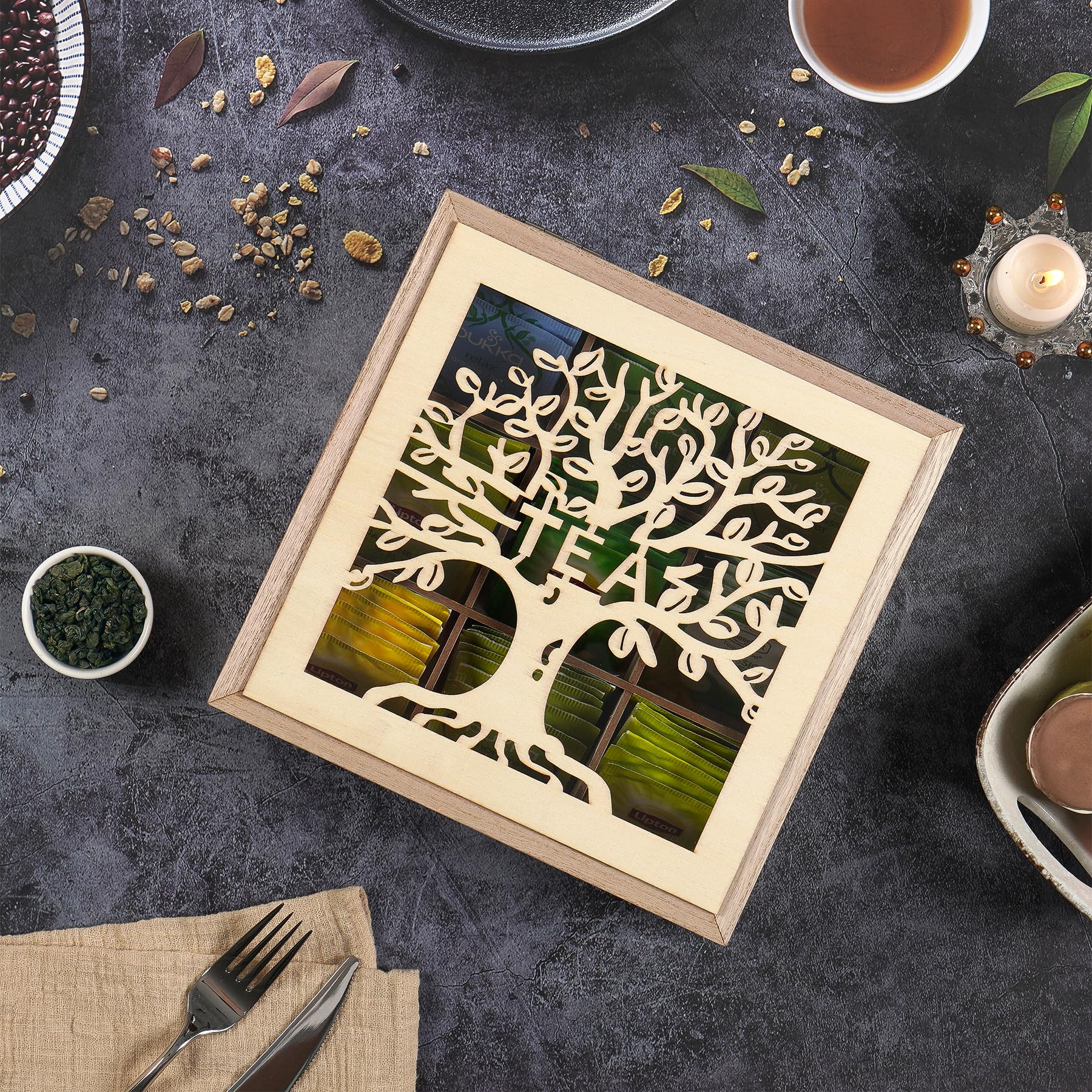 Handrong Tea Box Organizer top view shows clear lid for quick tea bag selection