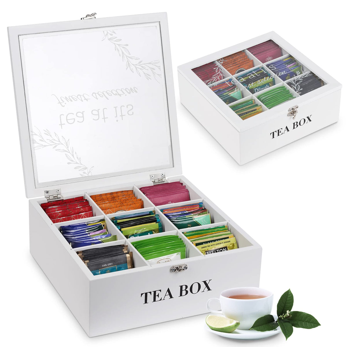 handrong tea box organizer in wood shows 9 compartments for organized tea flavors