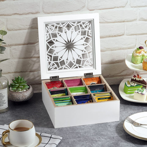 handrong tea box with patterned pine wood and glass top for a modern look