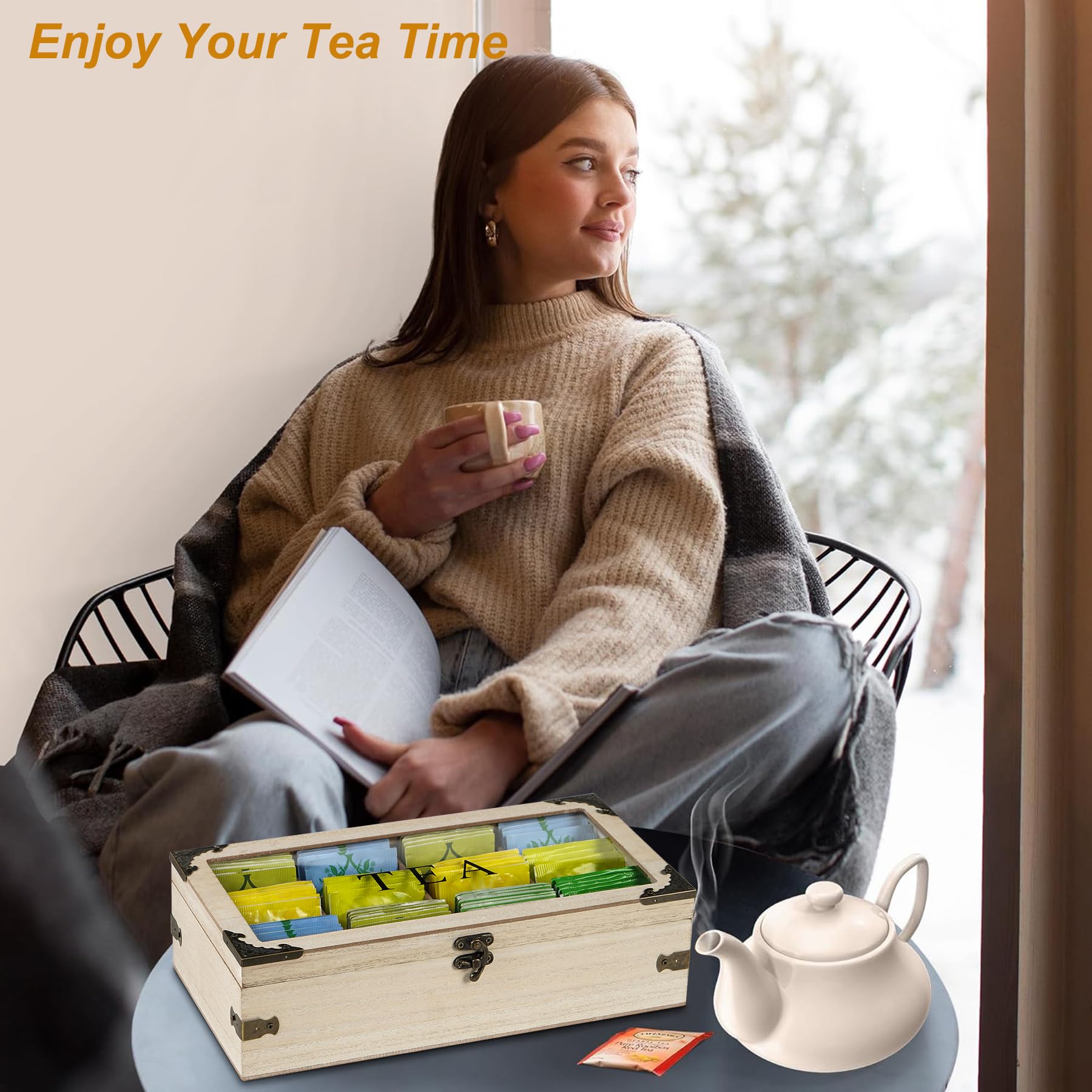 Handrong tea box removable dividers customize space for tea bags or coffee.