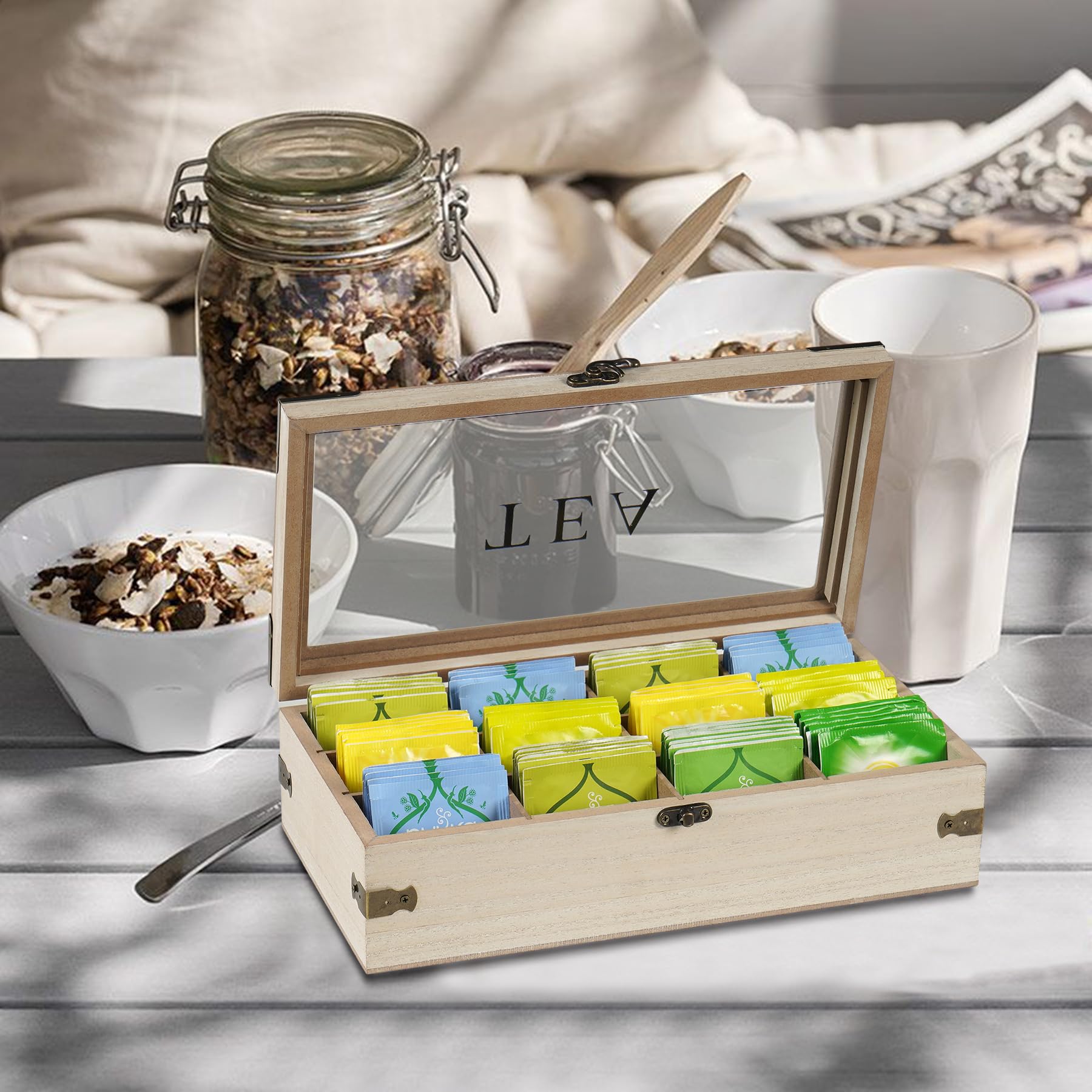 Handrong tea box vintage design adds farmhouse charm to any counter.