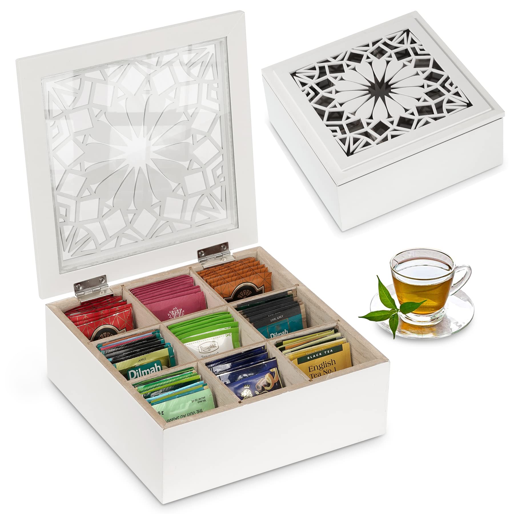handrong tea box with glass cover displaying tea bags at a glance for quick access