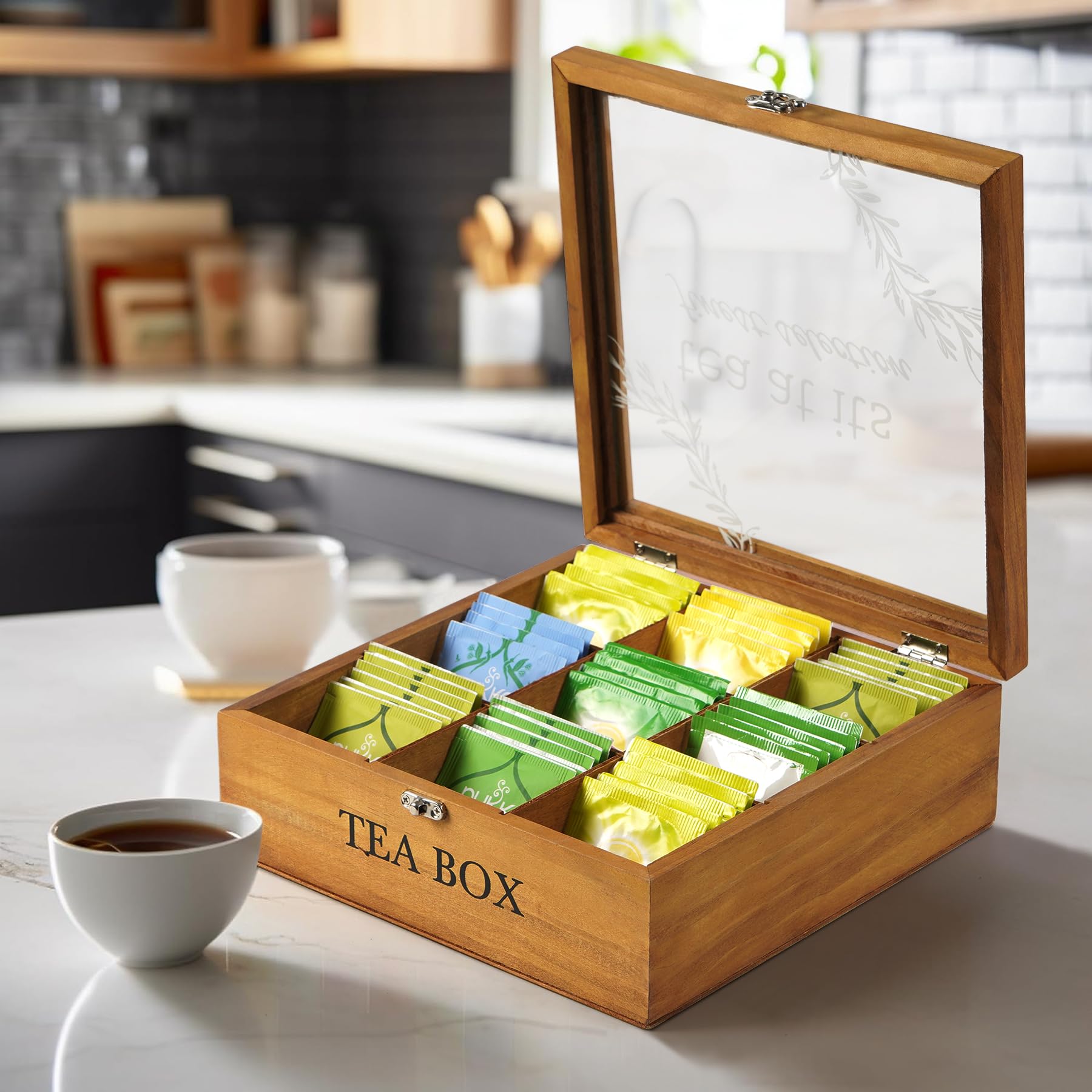 Handrong wooden tea box with torched lid pattern adding rustic charm.