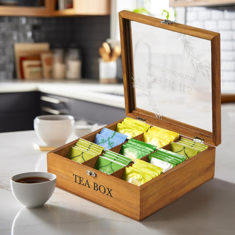 Handrong wooden tea box with torched lid pattern adding rustic charm.