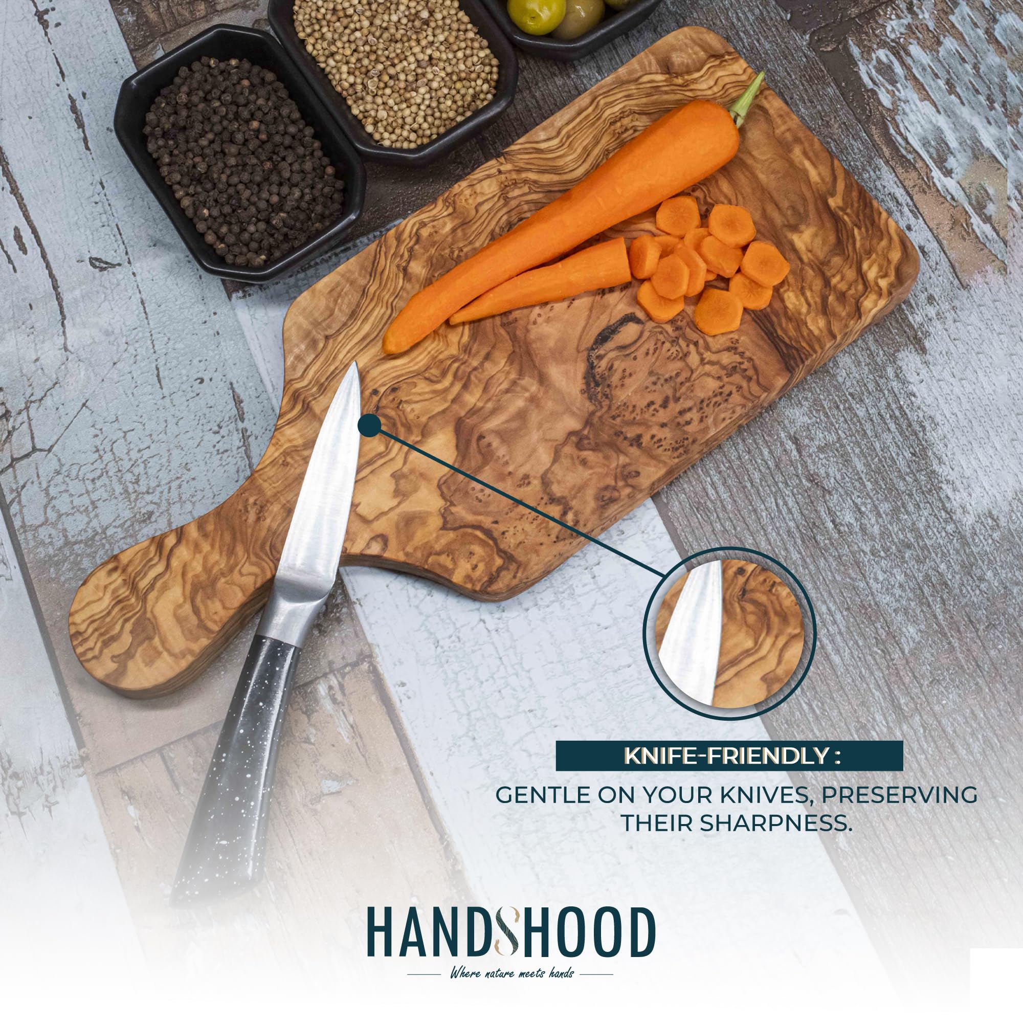 HandsHood kitchen display piece featuring warm olive wood tones