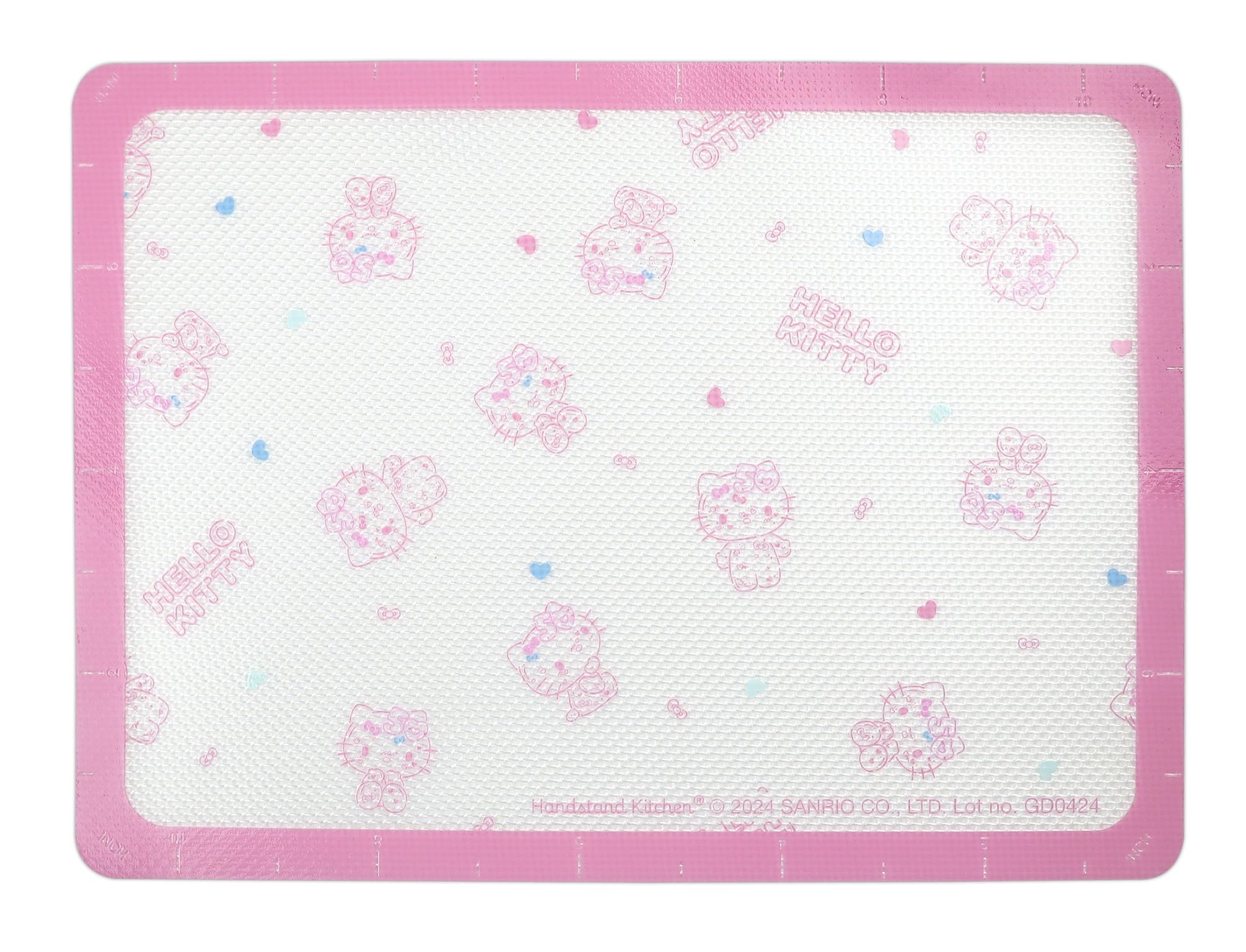 Handstand Kitchen Hello Kitty 50th anniversary logo on baking set, visually iconic design.