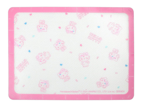 Handstand Kitchen Hello Kitty 50th anniversary logo on baking set, visually iconic design.
