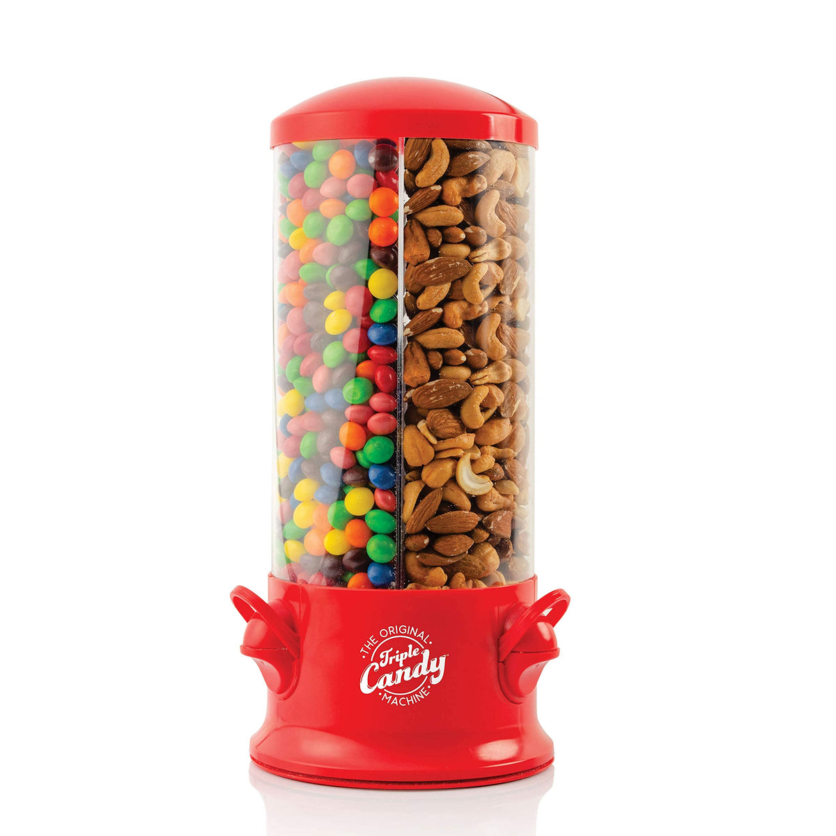 Handy Gourmet triple candy machine with 360-degree rotation for easy snack access at gatherings
