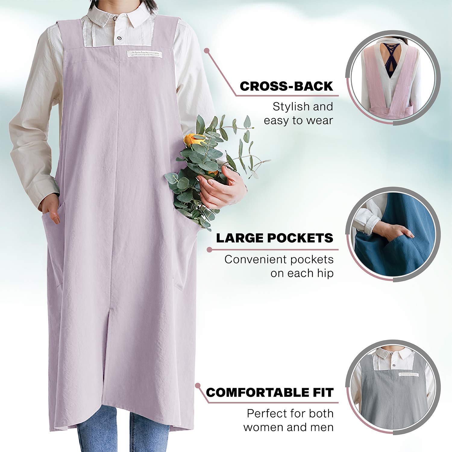 HANEE apron with large front pockets in light pink for notes