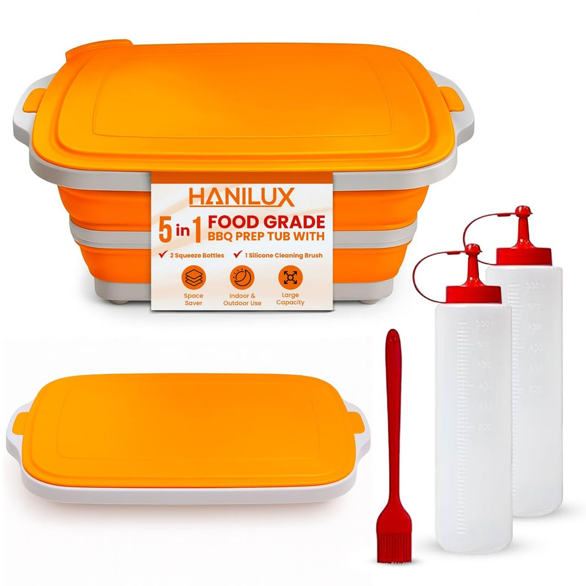 HANILUX collapsible bbq prep tub with lid for space-saving meal prep.