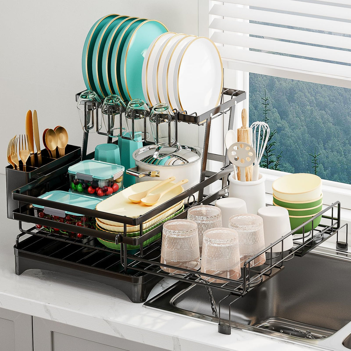 HANLE 2-tier dish rack over sink saves counter space while drying bowls and plates.