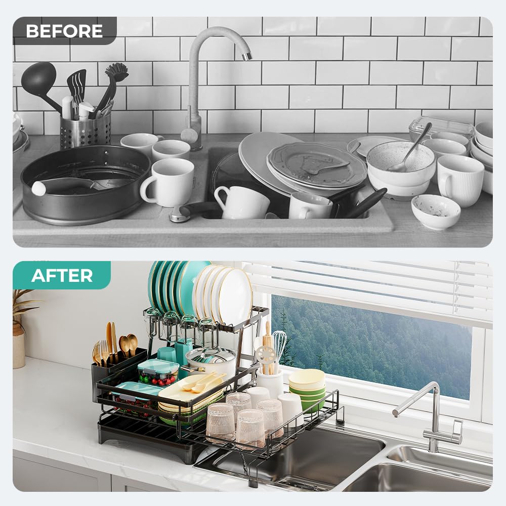 HANLE over-sink dish rack reduces splashes by channeling water away.