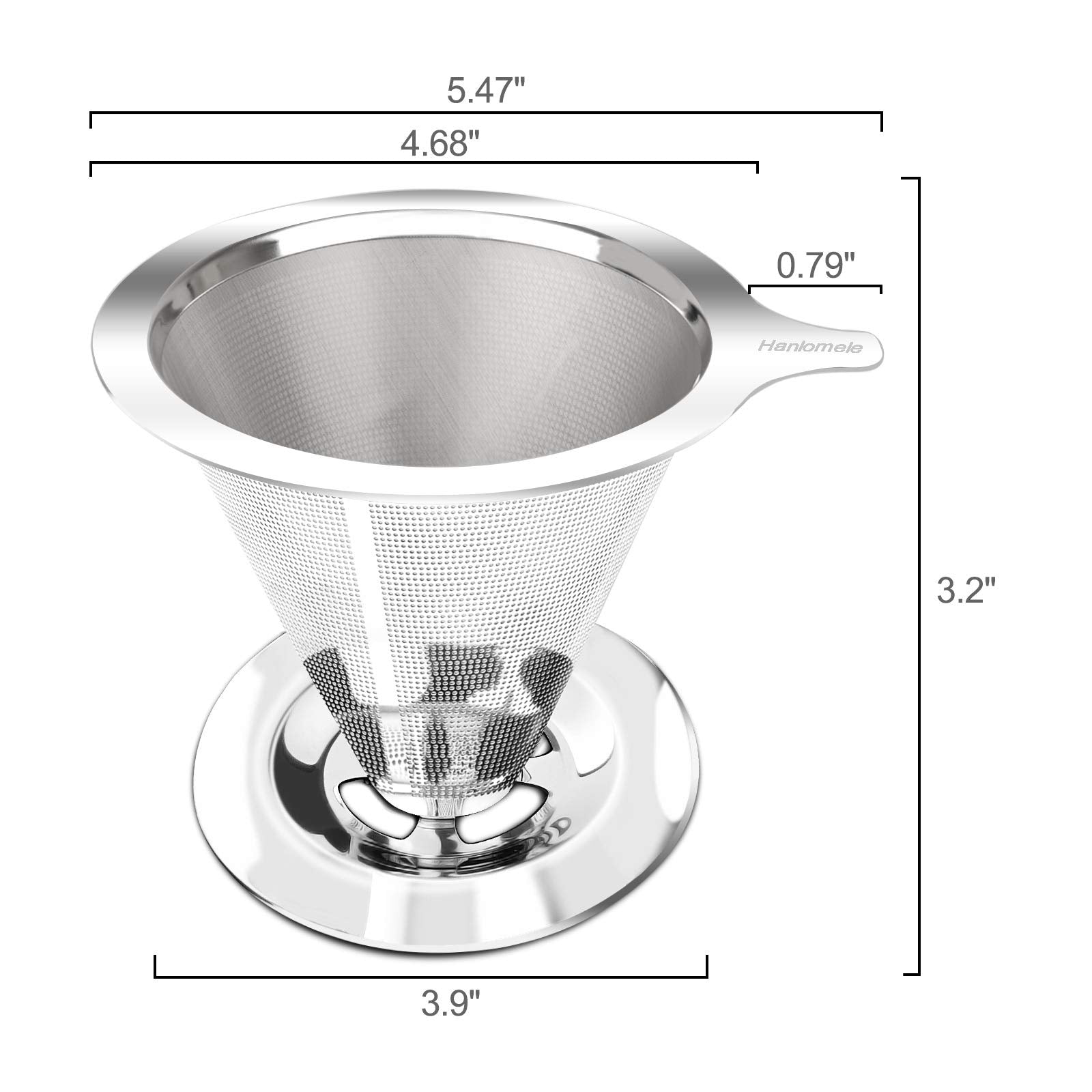 Hanlomele filter holder on cup demonstrates wide base for stable brewing.