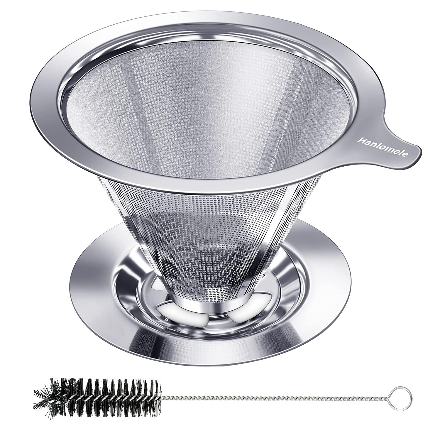 Hanlomele pour-over dripper side view highlights compact, durable stainless steel design for rich flavor.
