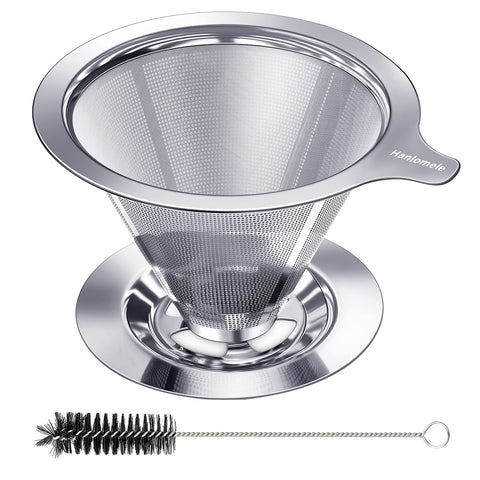 Hanlomele pour-over dripper side view highlights compact, durable stainless steel design for rich flavor.