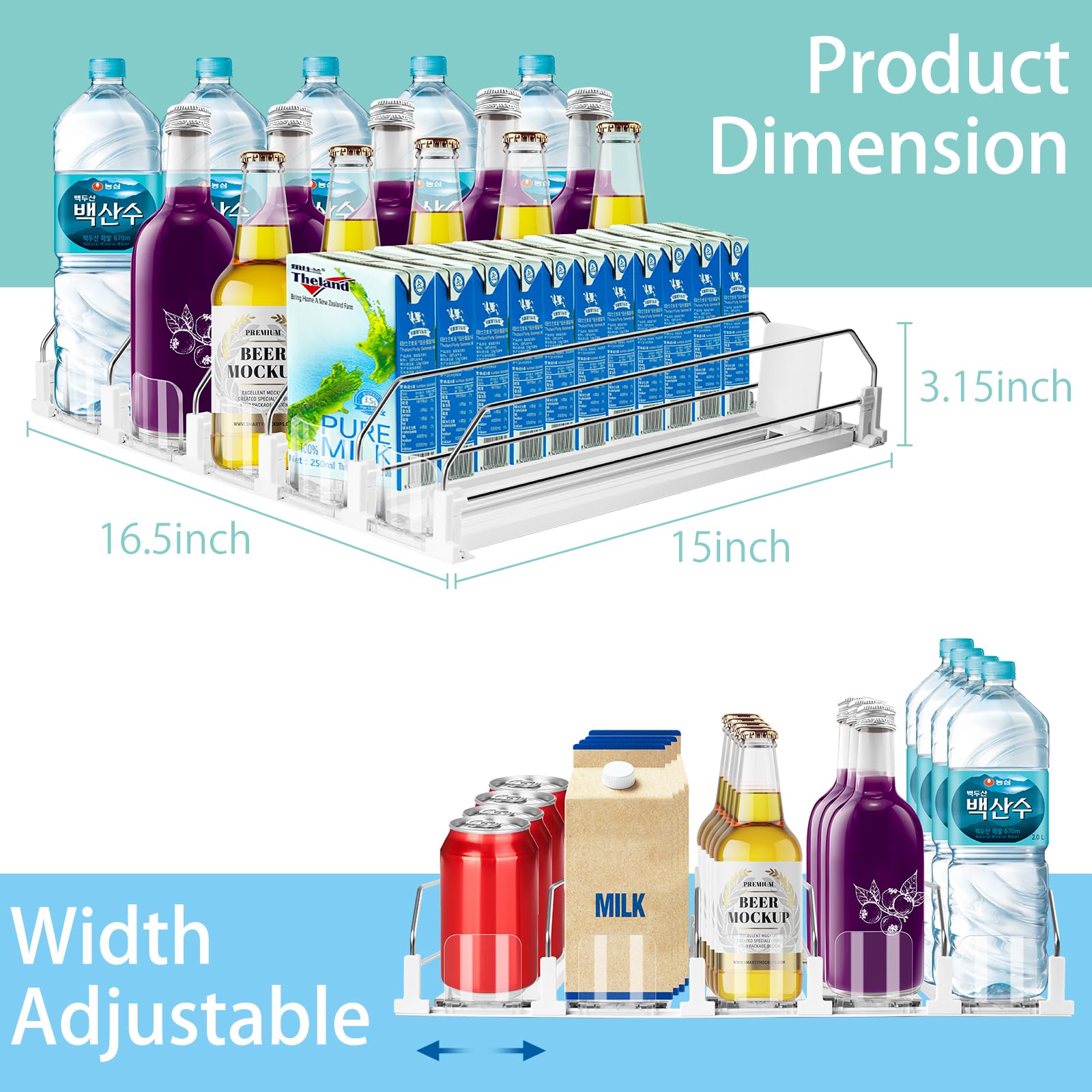 Hanmir fridge can dispenser adjustable width fits bottles and cans, reducing clutter.