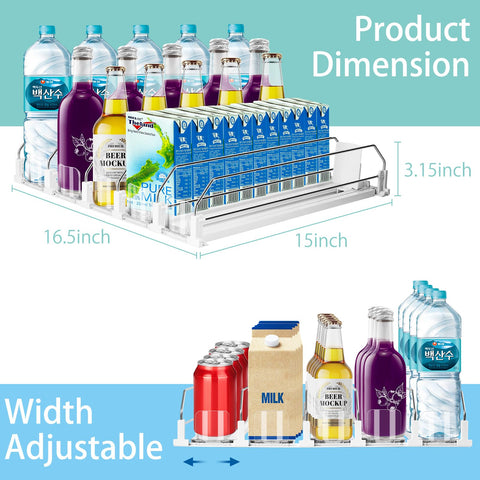 Hanmir fridge can dispenser adjustable width fits bottles and cans, reducing clutter.