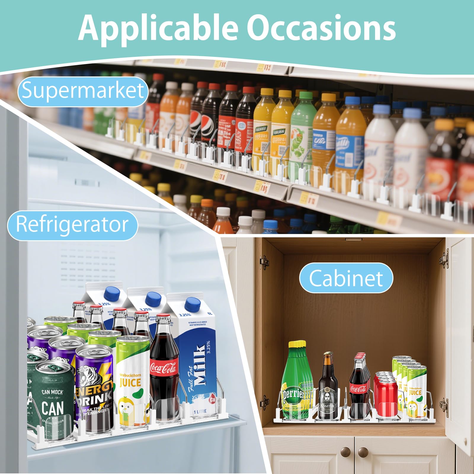Hanmir fridge organizer accommodates larger bottles with adjustable width for versatility.