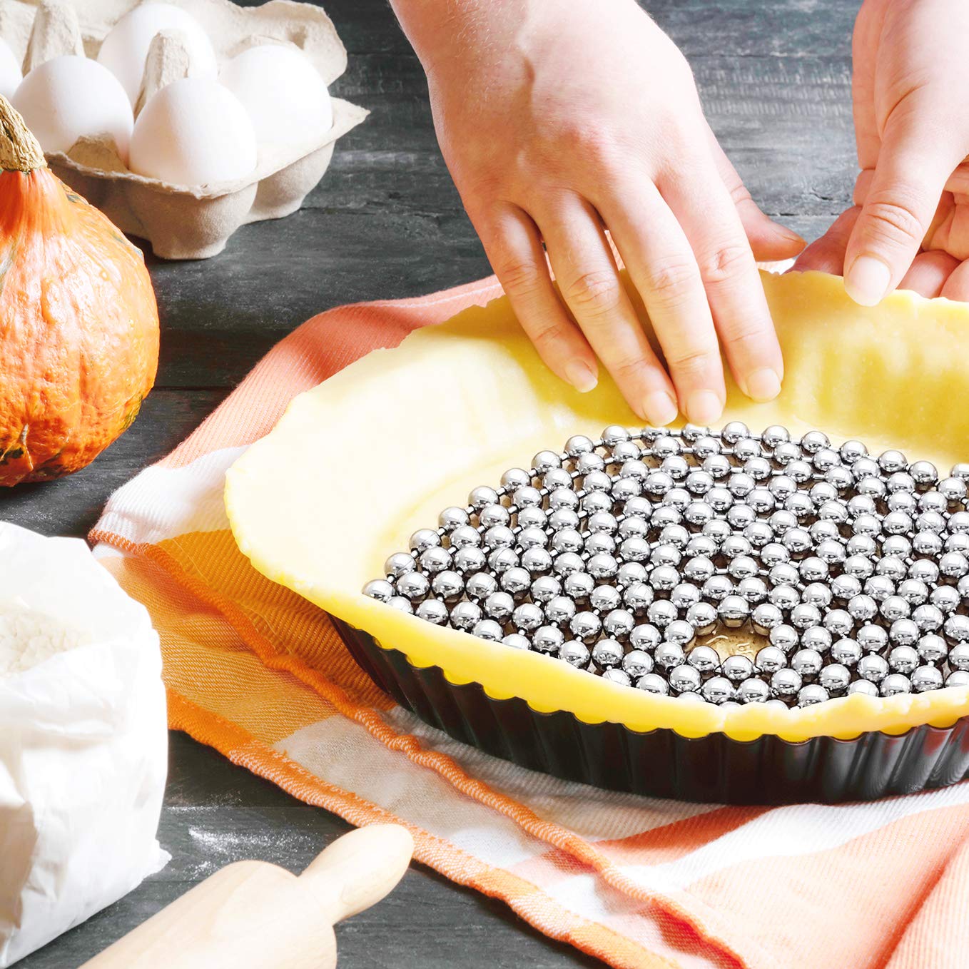 Hannah's Baking stainless steel pie weight close-up shows durable design