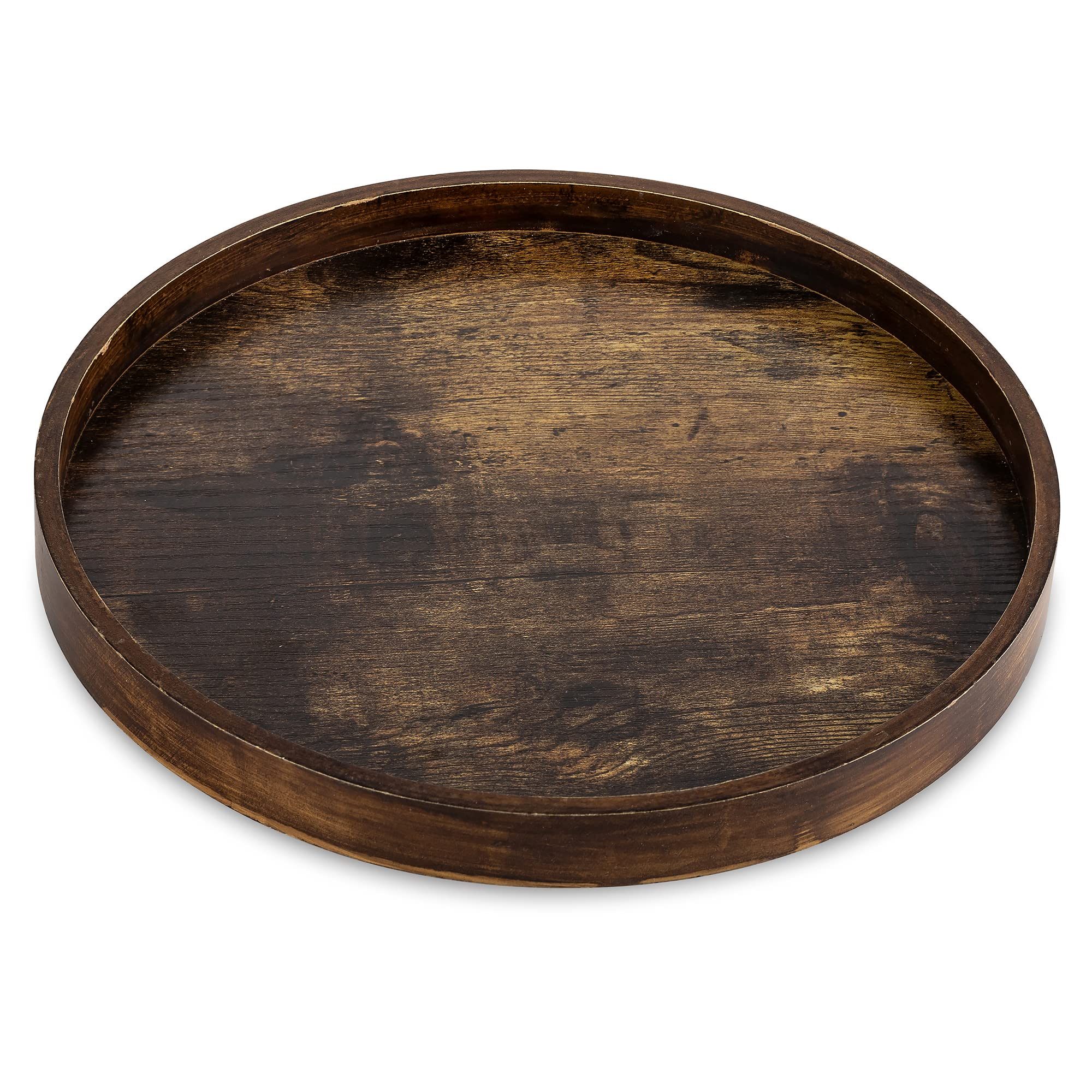 Hanobe decorative round wood tray in muted brown adds rustic charm and organization.