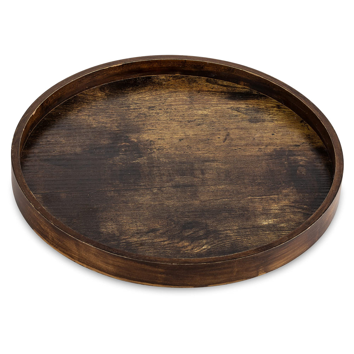 Hanobe decorative round wood tray in muted brown adds rustic charm and organization.