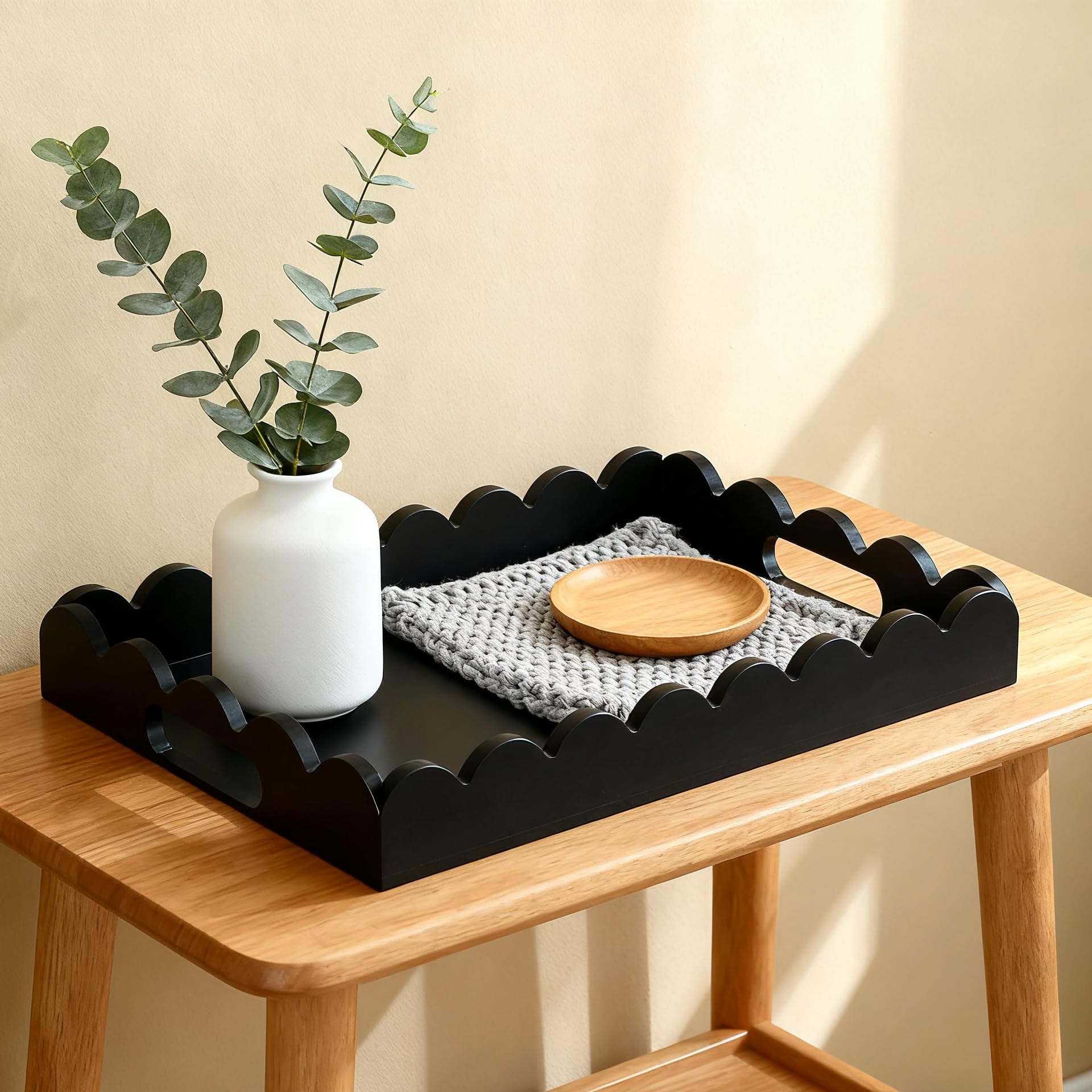 Hanobe tray on living room surface keeping remotes neatly organized.