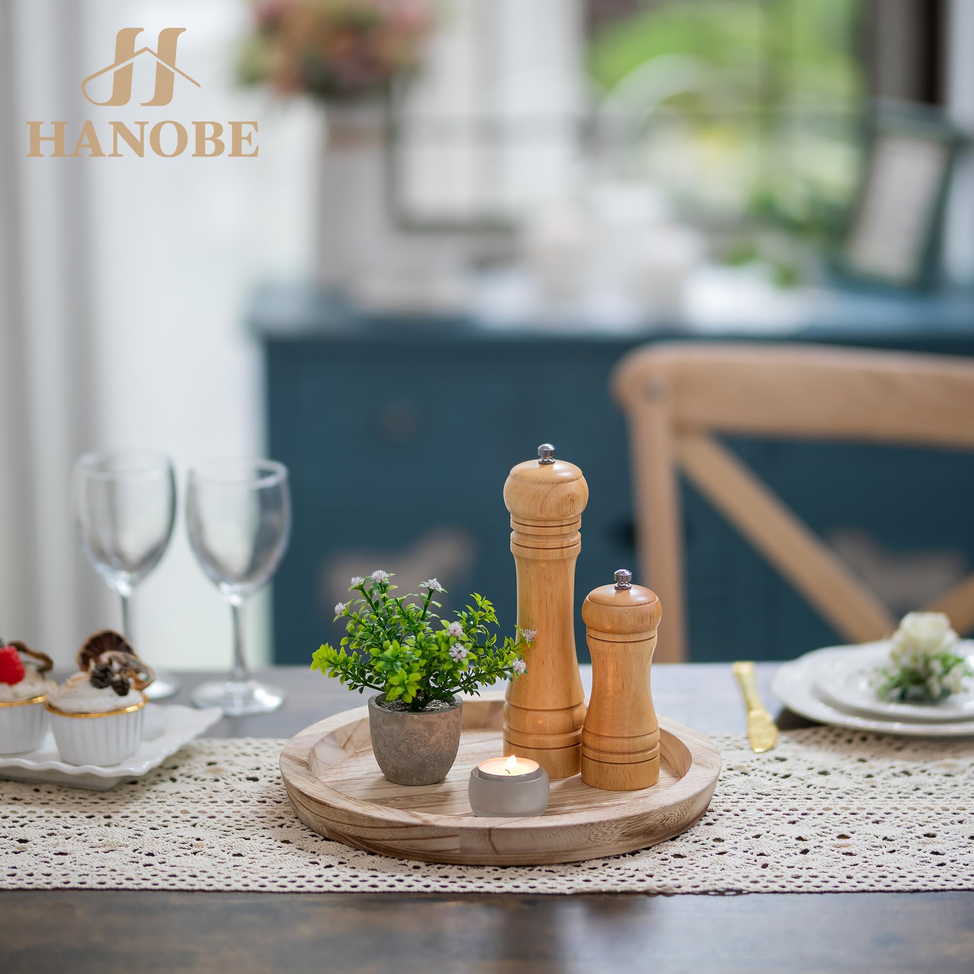 Hanobe decorative wood tray in natural finish, highlighting wood grain and farmhouse charm.