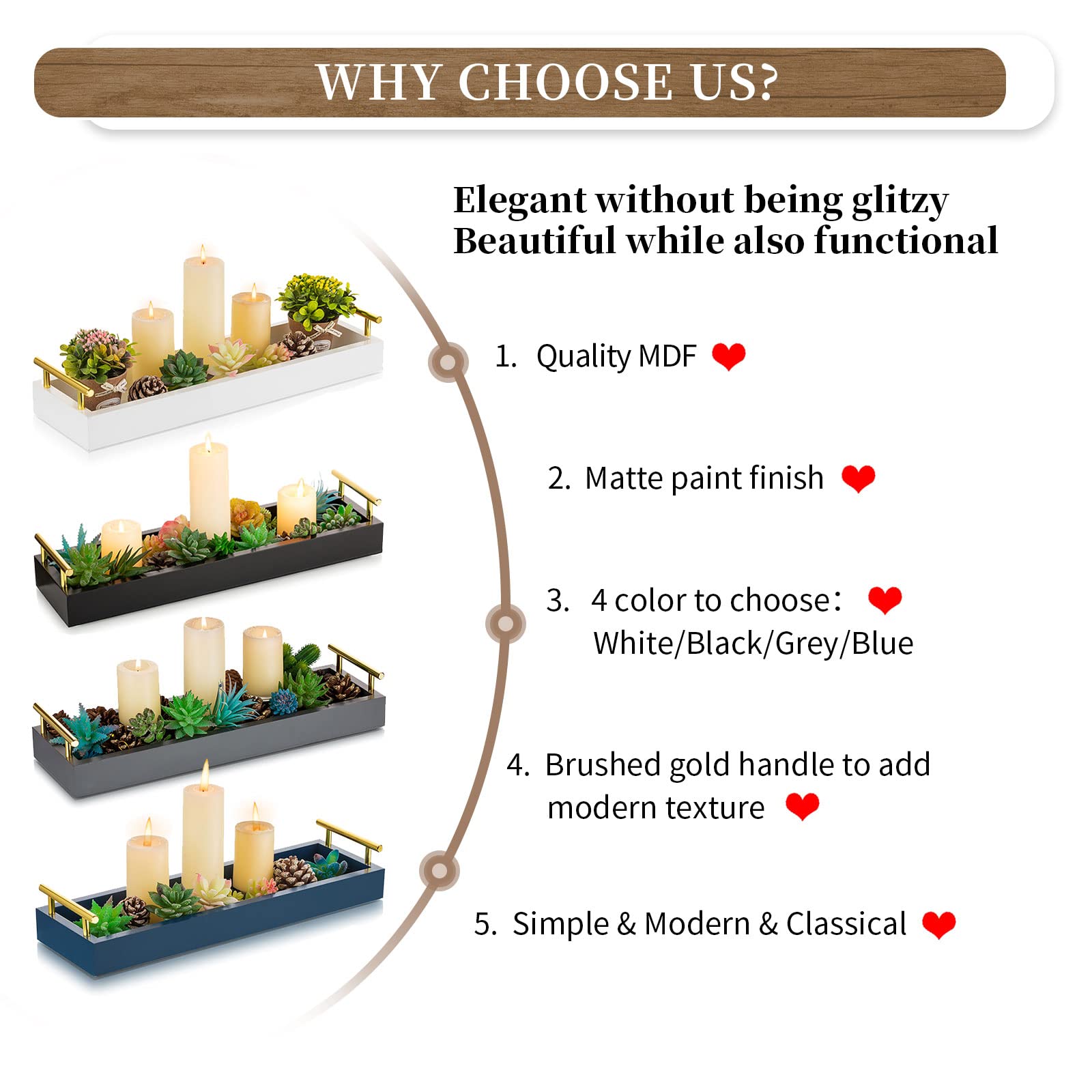 Hanobe decorative tray features smooth surface and sturdy gold handles