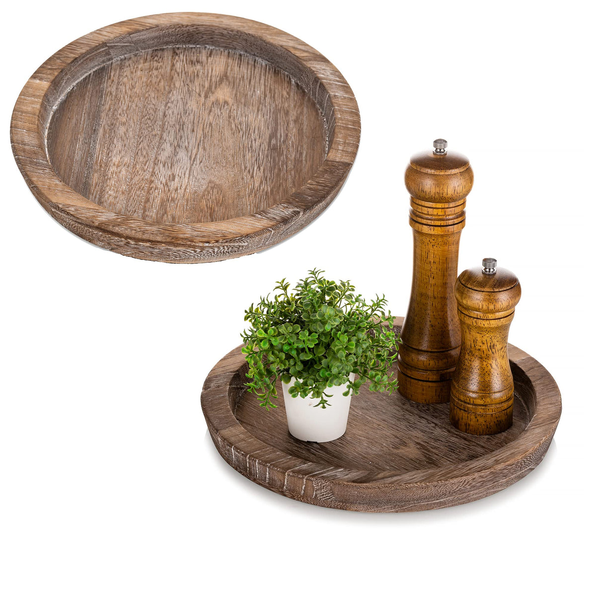 Hanobe rustic round serving trays set of 2, ideal for coffee table display.