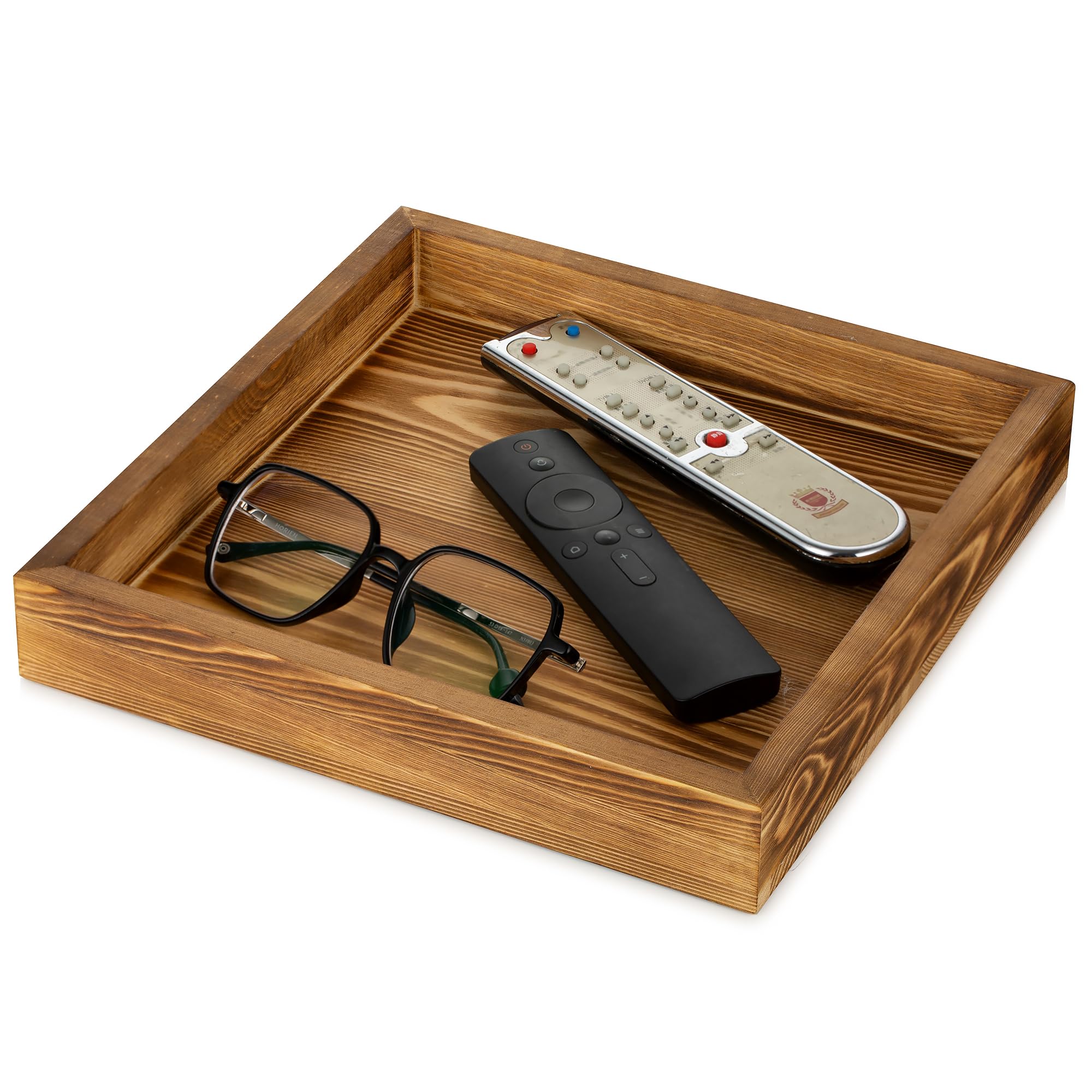 Hanobe square ottoman tray with torched finish, ideal for rustic living room decor.