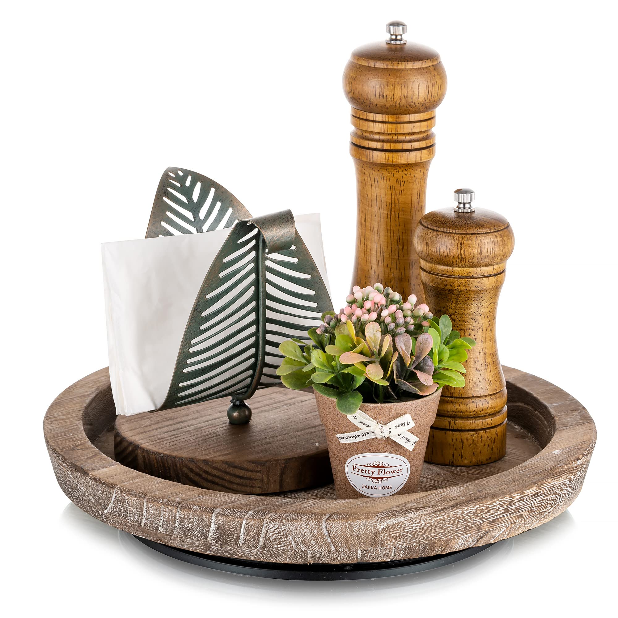 Hanobe turntable rustic wood tray featured on kitchen counter for easy reach and display