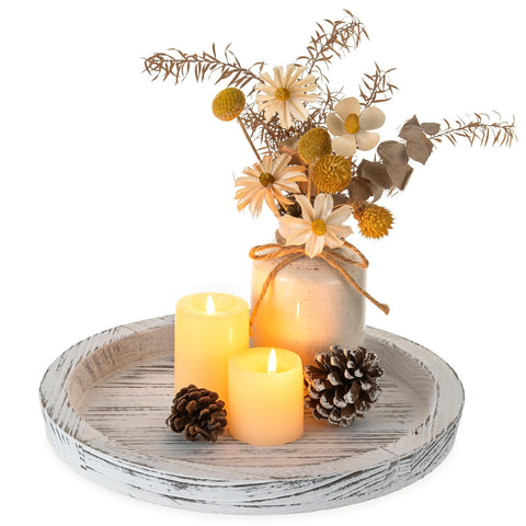 Hanobe wooden round tray on a coffee table showcasing rustic craftsmanship