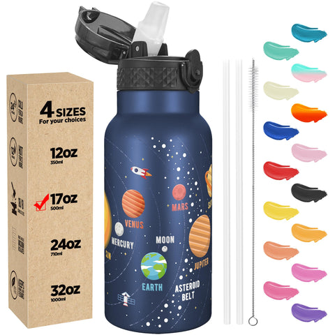 Hans Bottle Space Planet bottle front shows kid-friendly design and durable stainless steel.