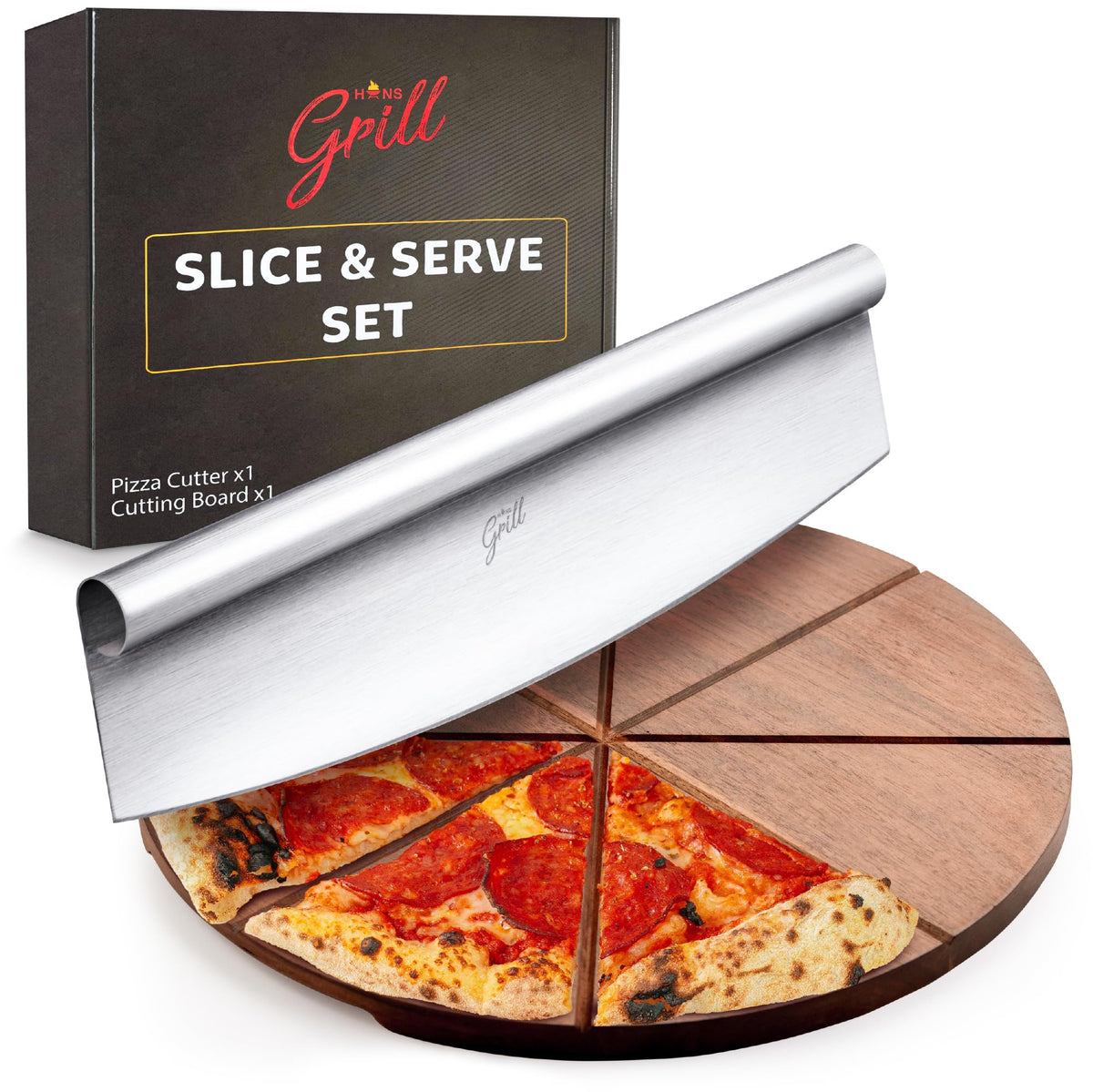 Hans Grill pizza cutting board with acacia wood for precise home slicing and serving.